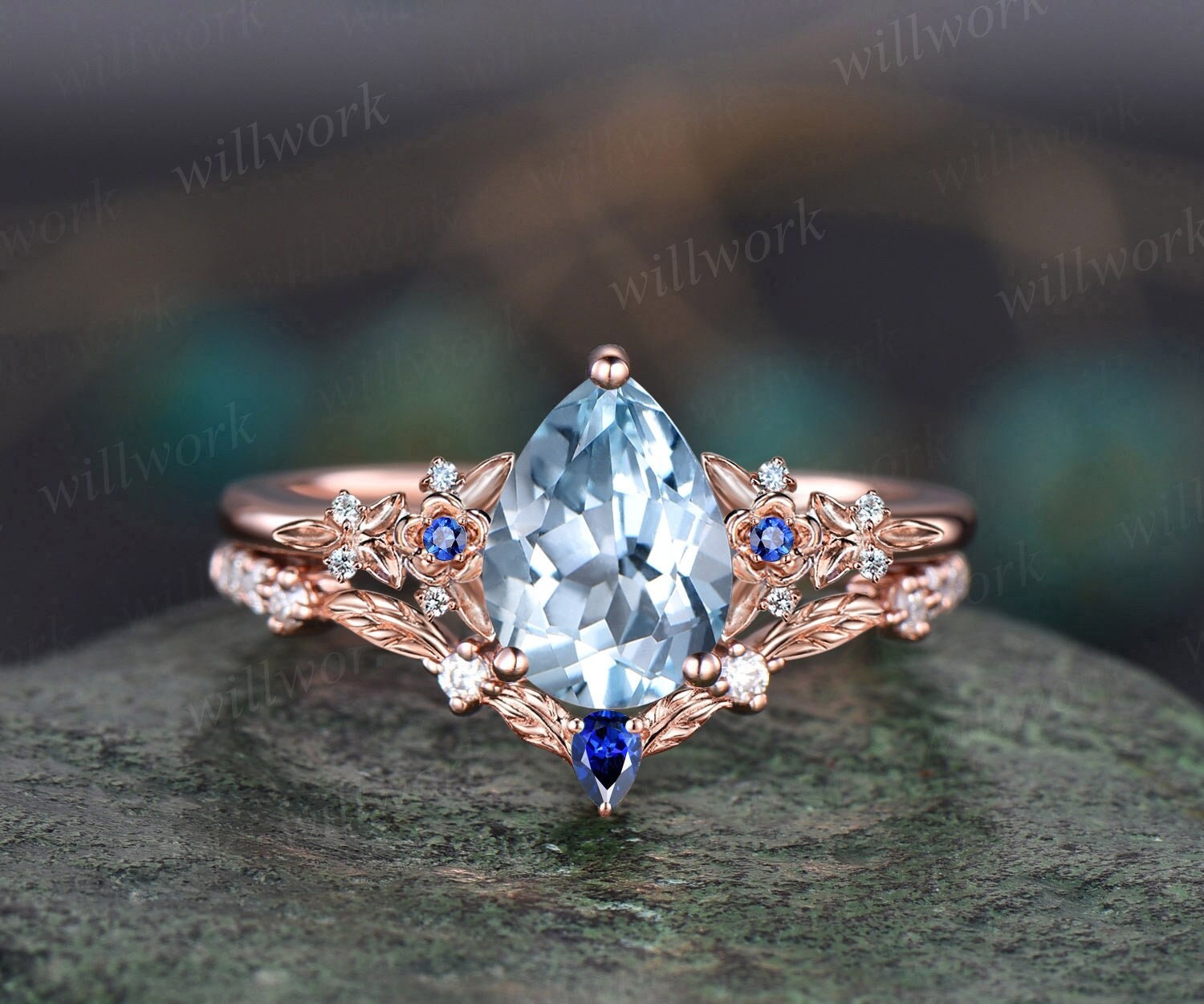 14K White Gold Aquamarine Diamond Wedding Ring, Stackable Ring, Pave Set  Half Eternity Ring